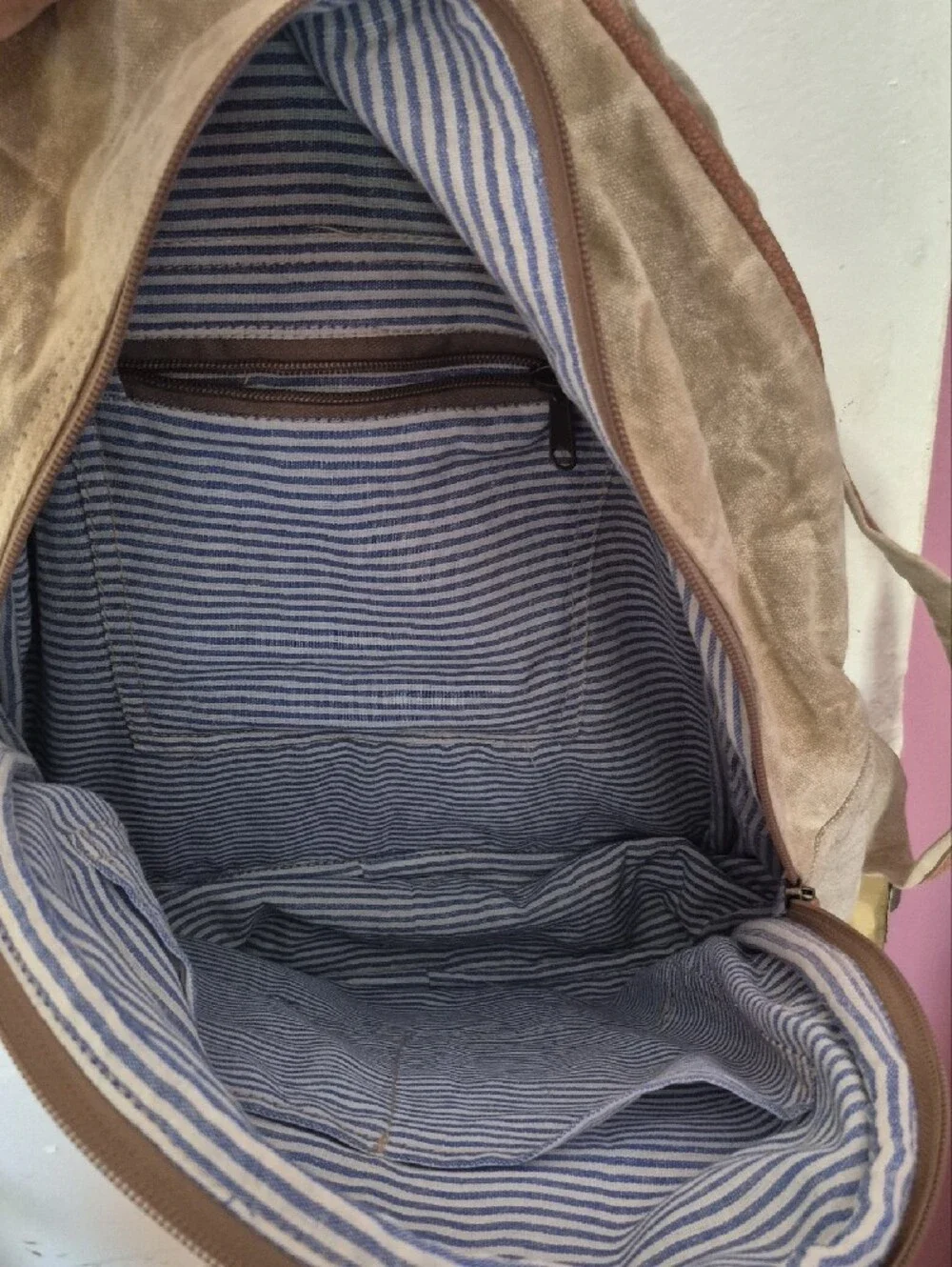 Boho Printed Canvas Backpack with Floral Tooled Leather Pocket - Multicolor